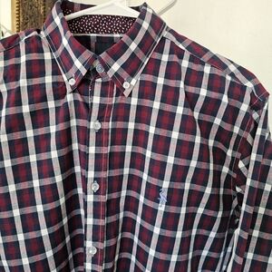 Tailorbyrd Men’s Button-Down Plaid Shirt in Red, Navy & White - Large